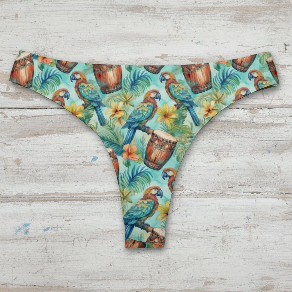 Tropical-themed underwear with parrots and flowers on a white background