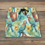 Women's Tropical-themed board shorts with parrots and flowers on a white background