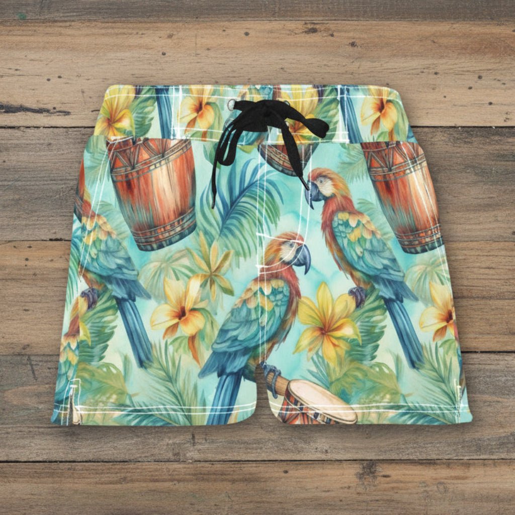 Women's Tropical-themed board shorts with parrots and flowers on a white background