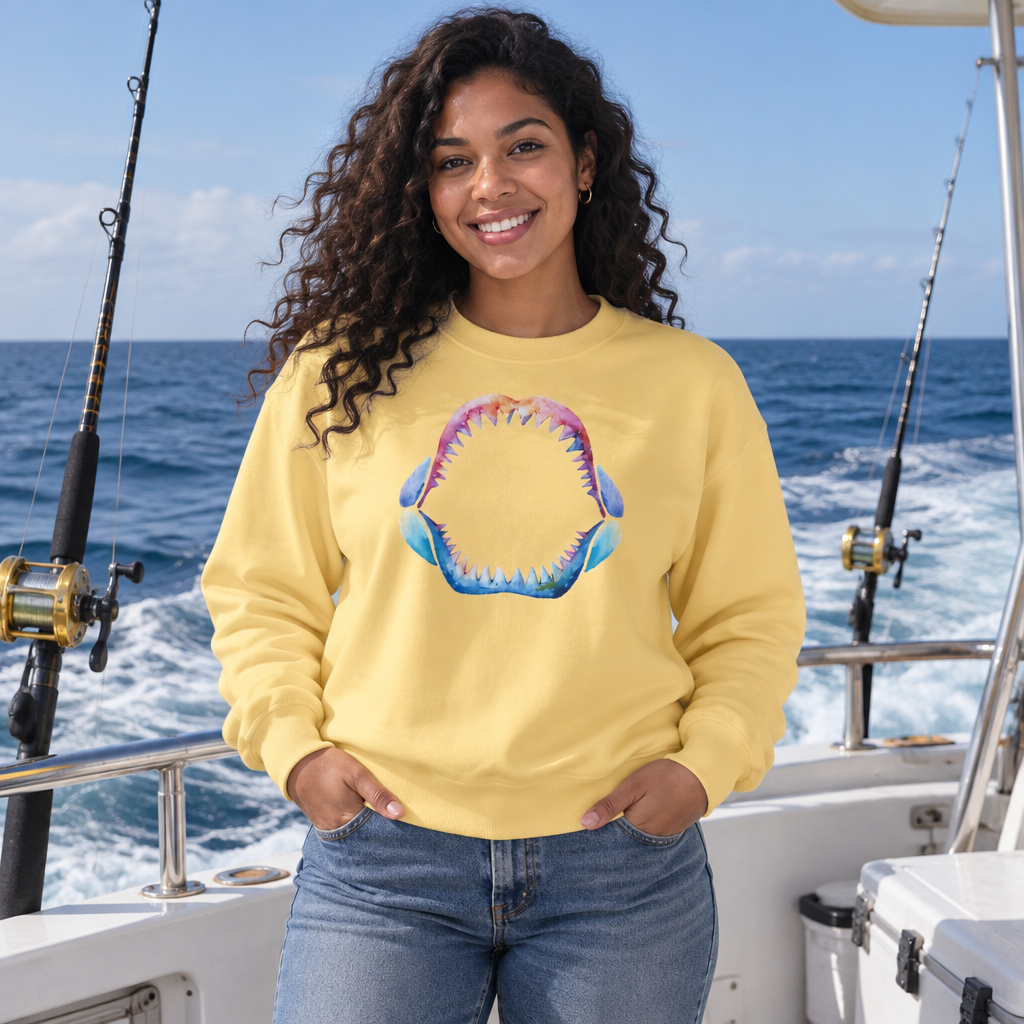 A woman with curly hair stands on a boat wearing a pale yellow sweatshirt with a colorful shark teeth graphic on the front, paired with blue jeans. Fishing rods and the ocean are visible in the background.