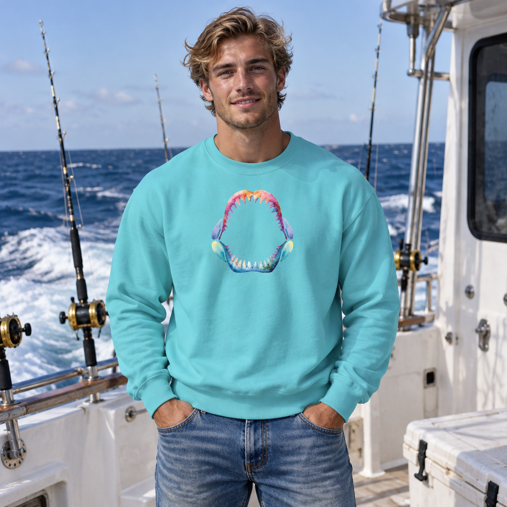 A man wearing a turquoise crewneck sweatshirt with a colorful shark Jaws graphic on the chest, standing on a boat deck with the ocean in the background.