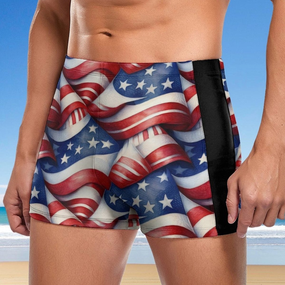 Person wearing American flag patterned swim shorts with a beach background