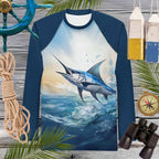 Navy blue long-sleeve rash guard with marlin design on a wooden background with nautical items.