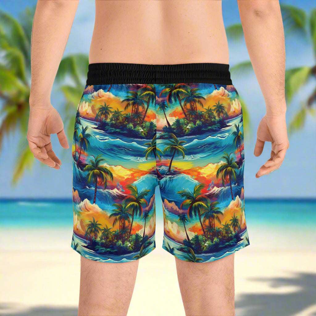 Surfer wearing Hawaiian style board shorts by Bongo Beachwear waiting for high tide
