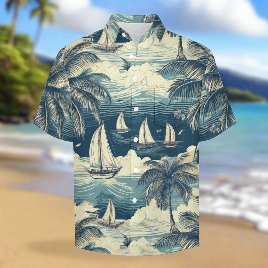 Hawaiian shirt with sailboat and palm tree design on a Maui Beach background