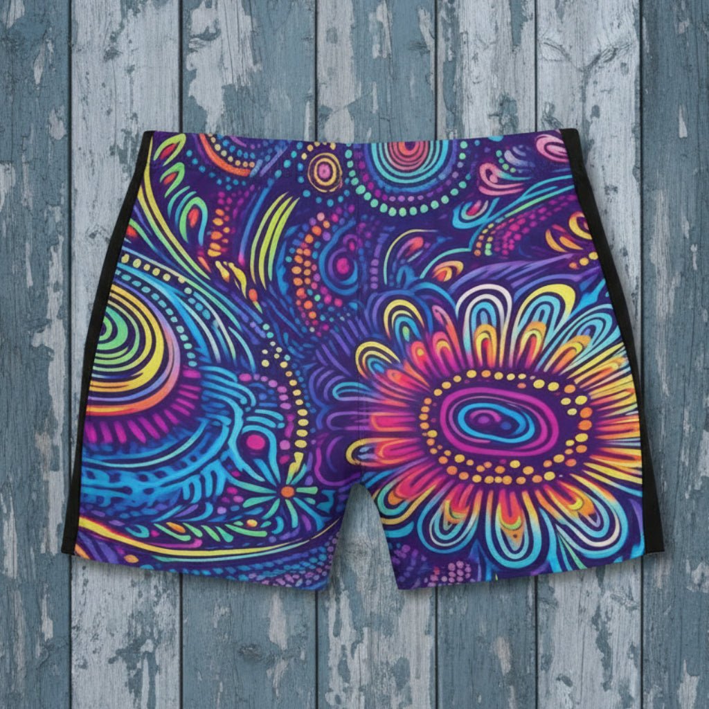 Colorful patterned swim shorts on a person against a beach background