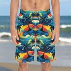 Hawaiian Dream Board Short on a Surfer standing in sand waiting for the tide to come in