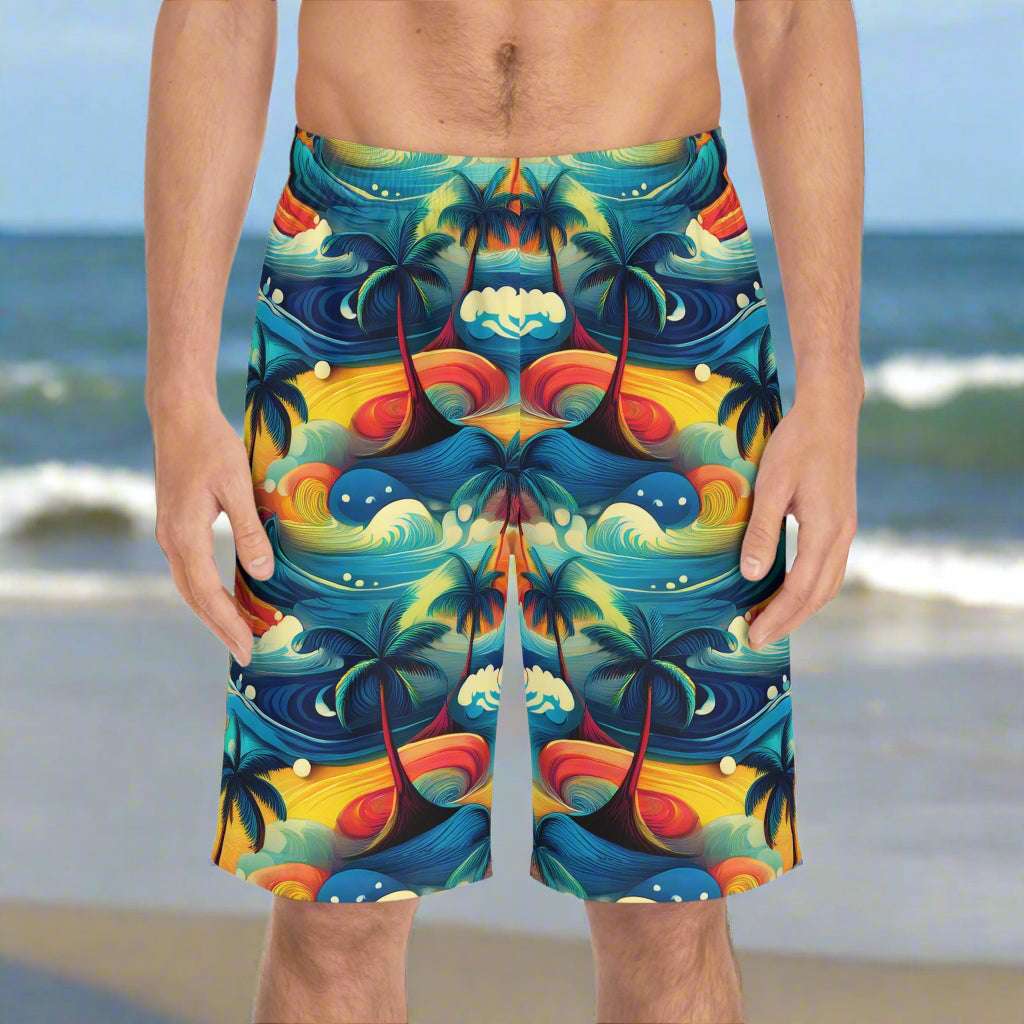 Hawaiian Dream Board Short on a Surfer standing in sand waiting for the tide to come in