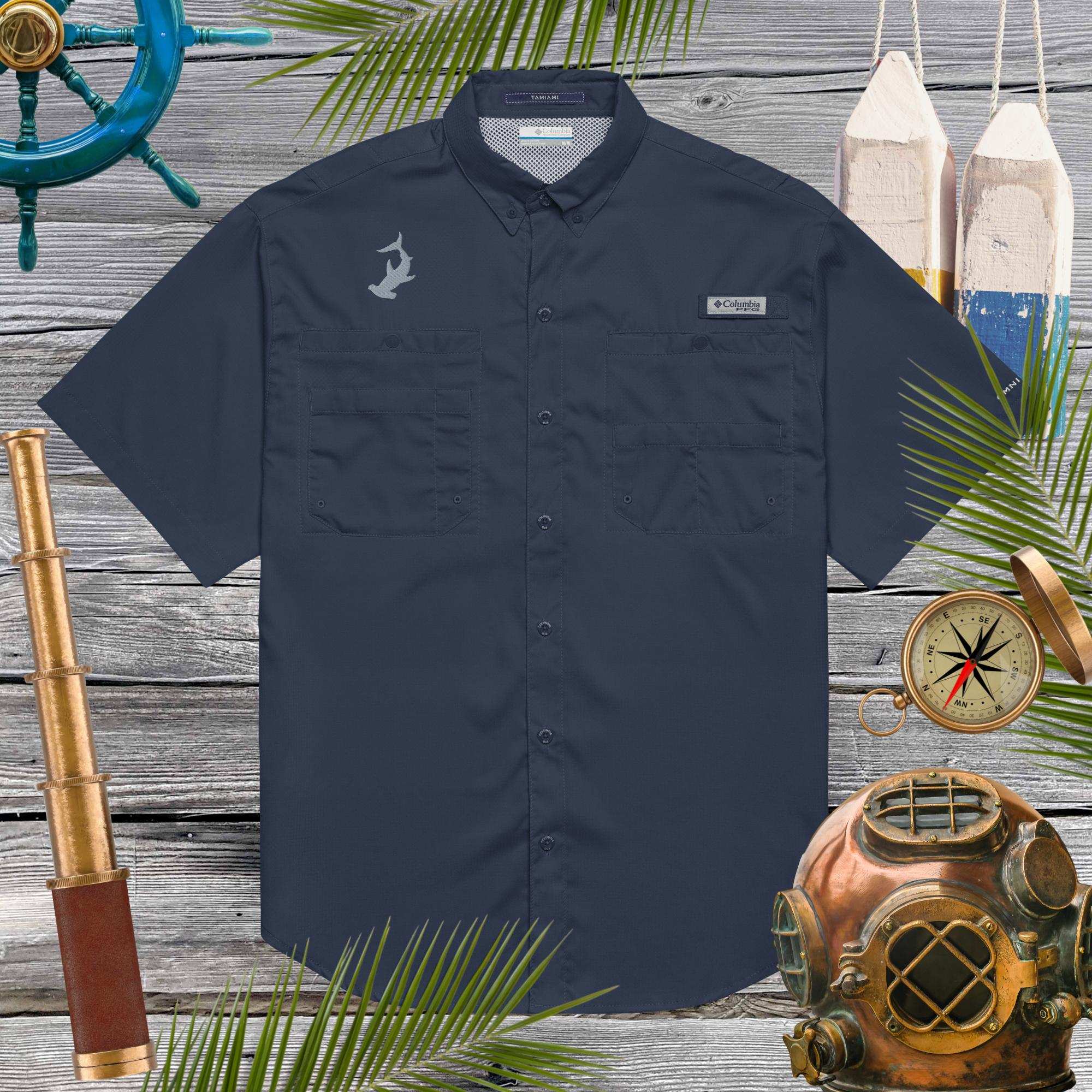 Men’s Columbia Fishing Shirt Shirt in navy with cool hammerhead shark embroidery floating over a rustic wood nautical backdrop
