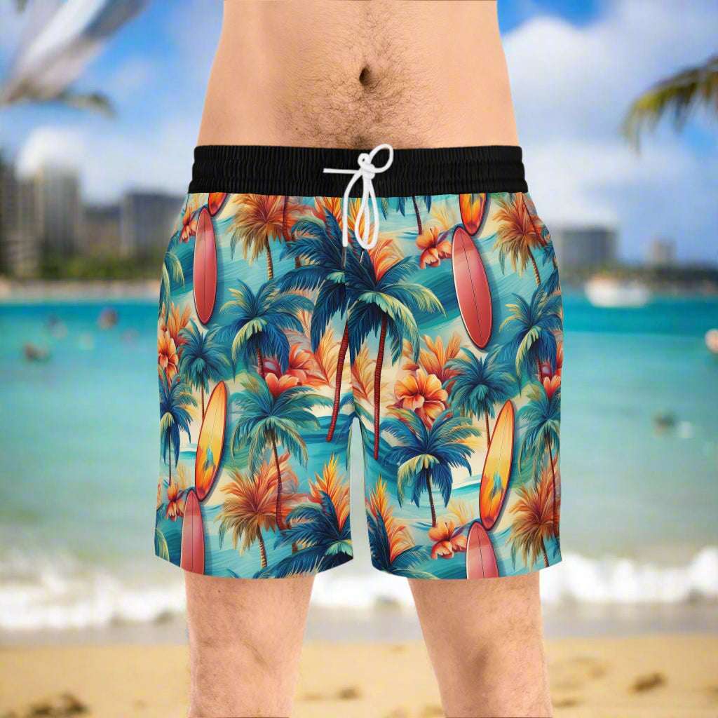 Man wearing Hawaiian style board short swimsuit on the beach in Waikiki