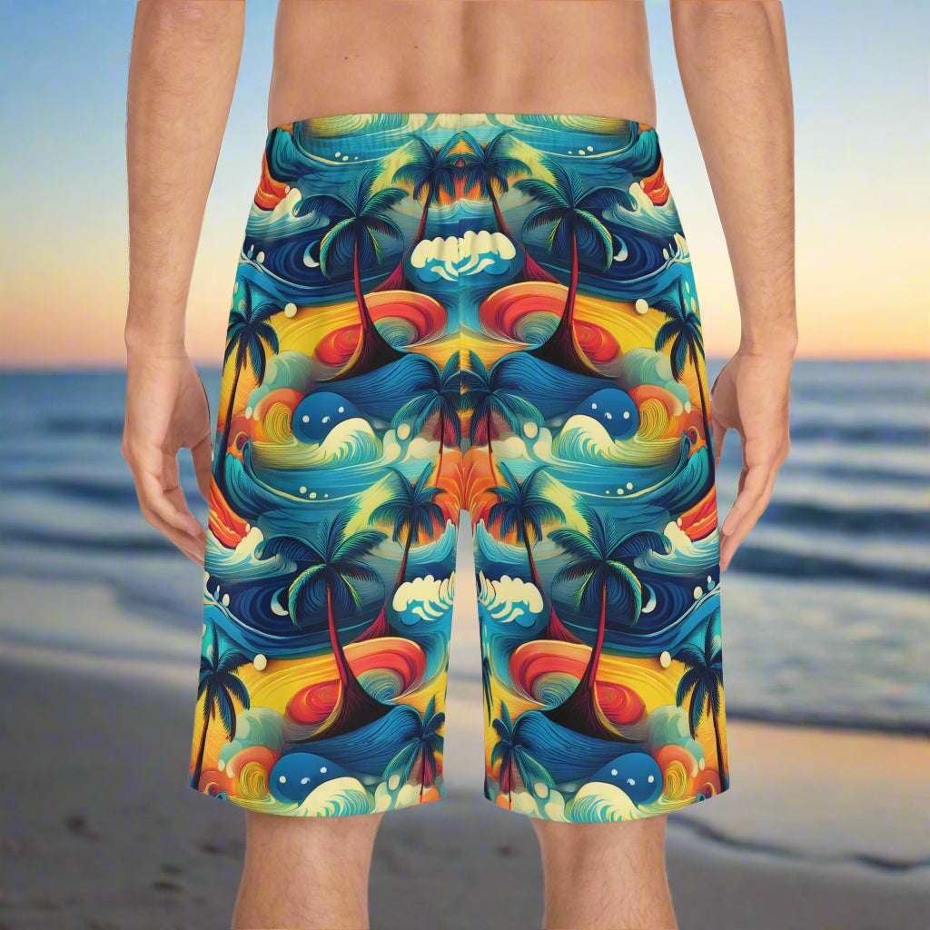 Backside of mens swimming shorts as worn by a surfer waiting for high tide