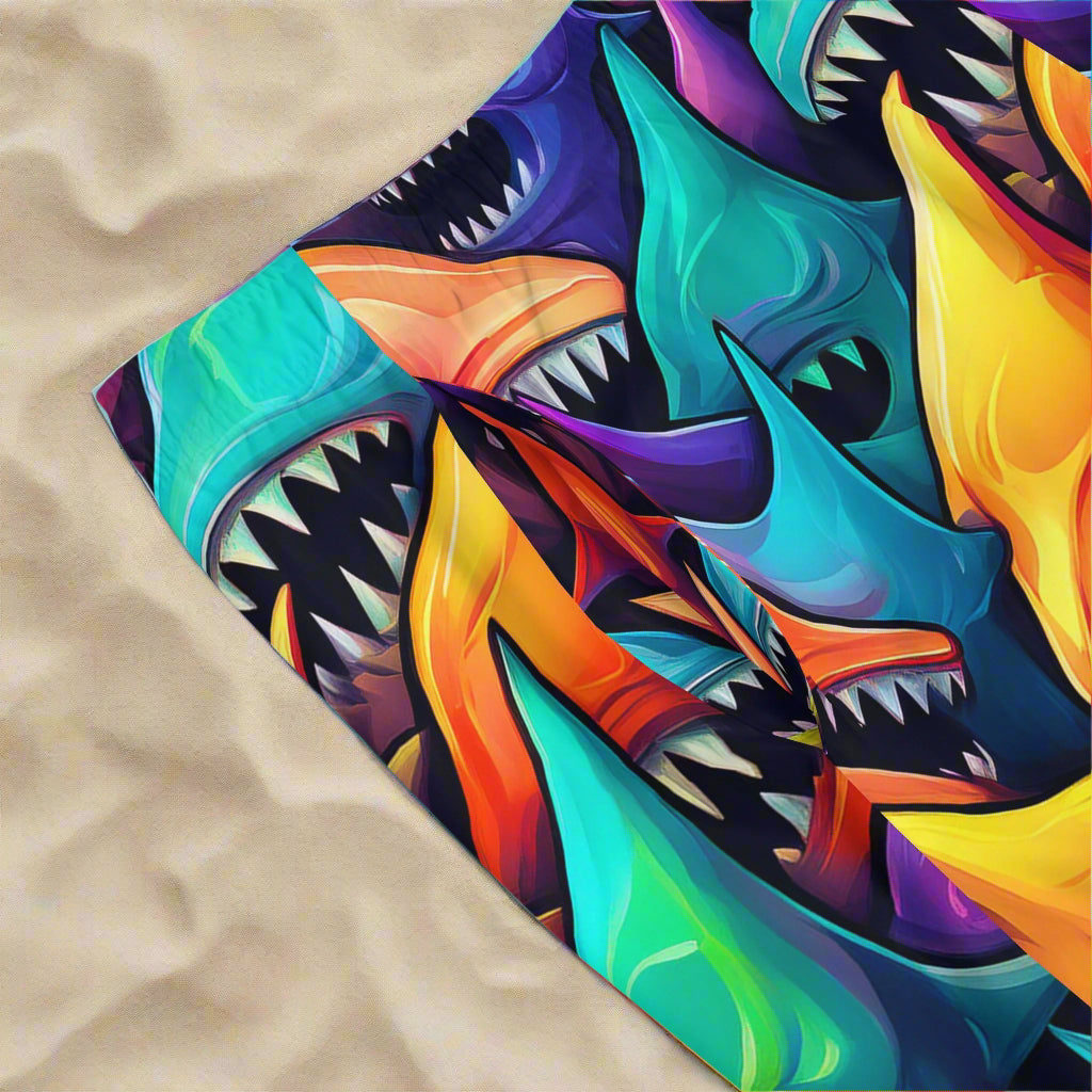 Colorful surreal shark pattern on men's board shorts lying in the sand on fashion island