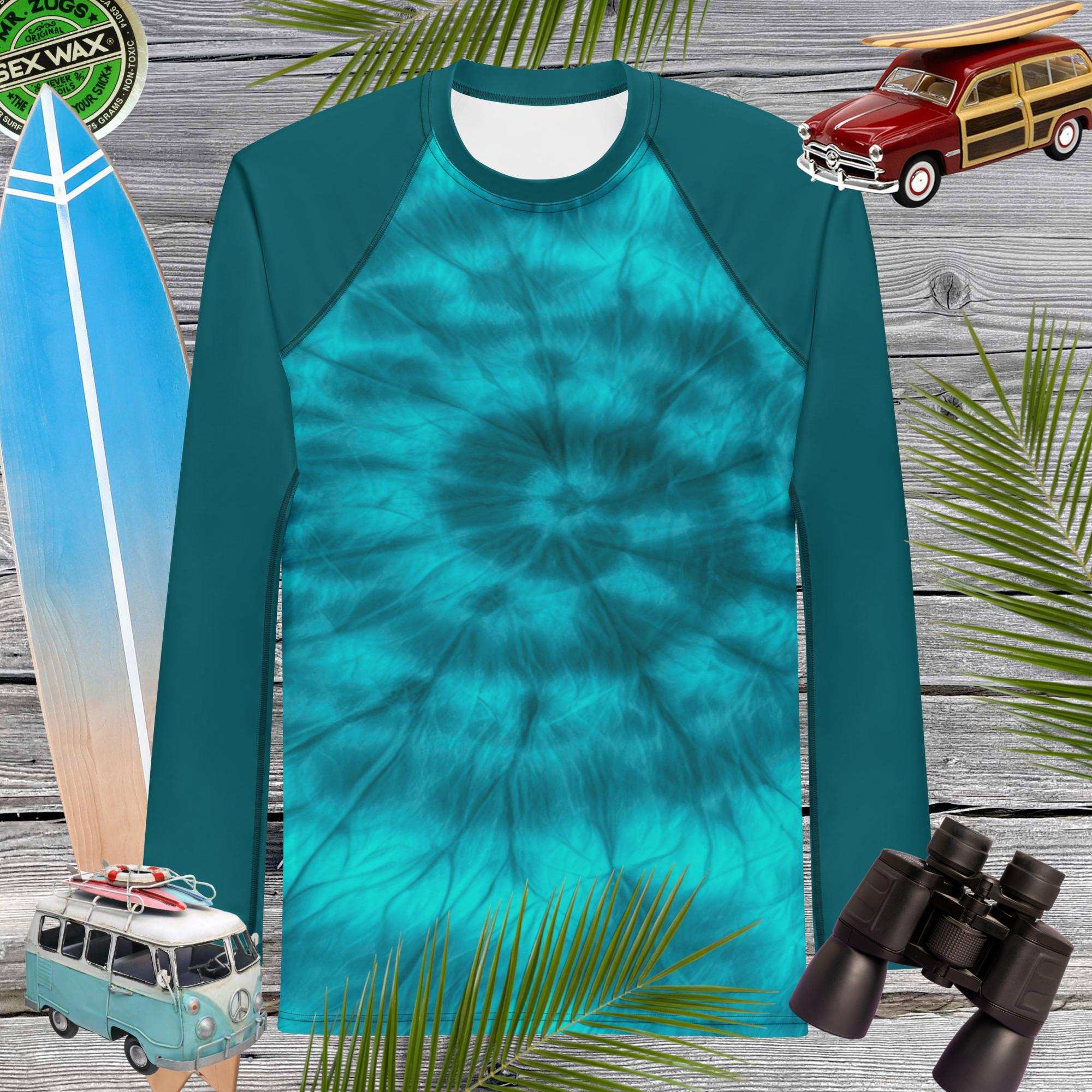 Men's Teal Spiral Tie Dye Rash Guard 🤙 Rash Guards & Swim Shirts