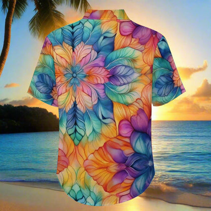 Colorful floral patterned shirt on a beach background