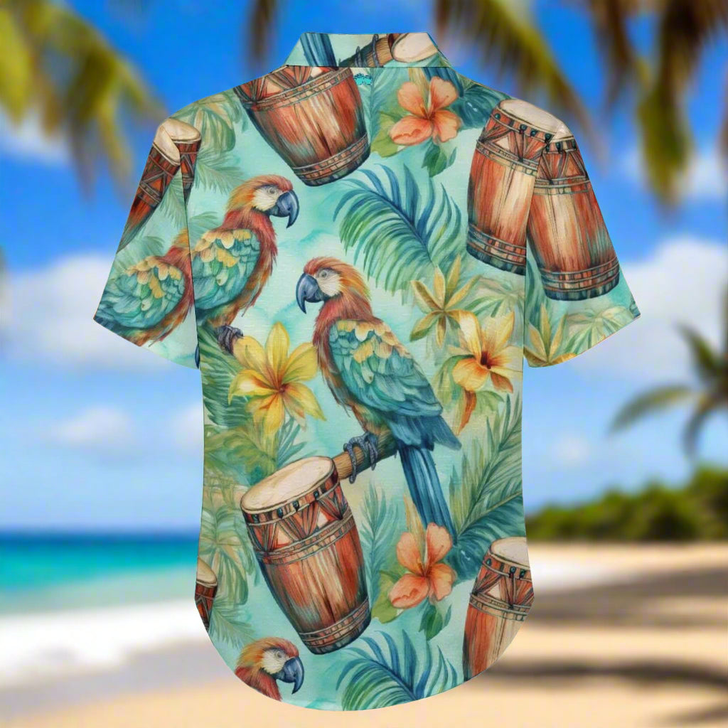 Short-sleeve shirt back with parrot and tropical pattern on a Maui Beach background