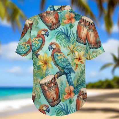 Short-sleeve shirt back with parrot and tropical pattern on a Maui Beach background