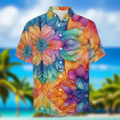 Colorful floral patterned shirt on a tropical beach background