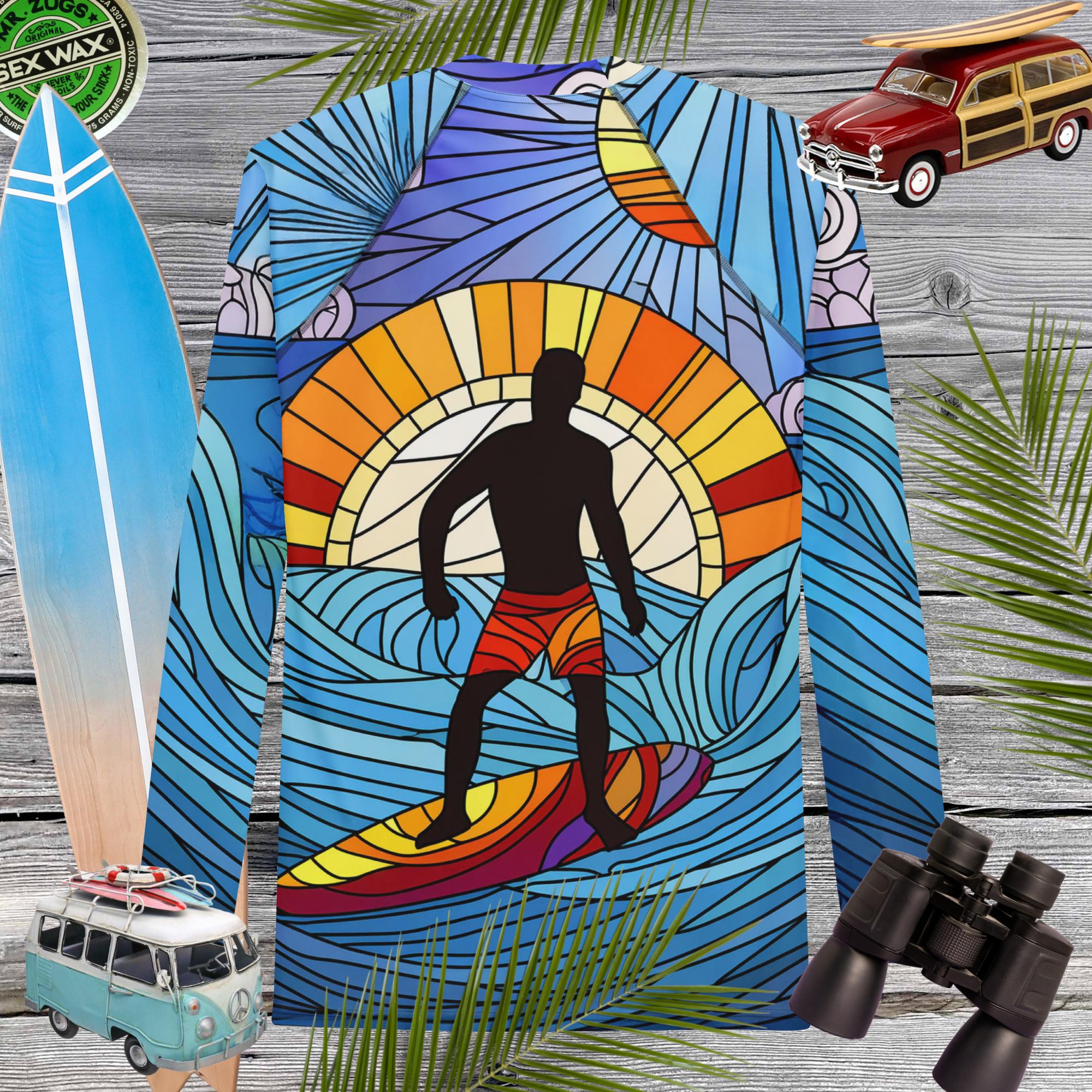 Men's UPF 50+ Rash Guard with a Stained Glass Surfer design, perfect for beach activities and sun protection.