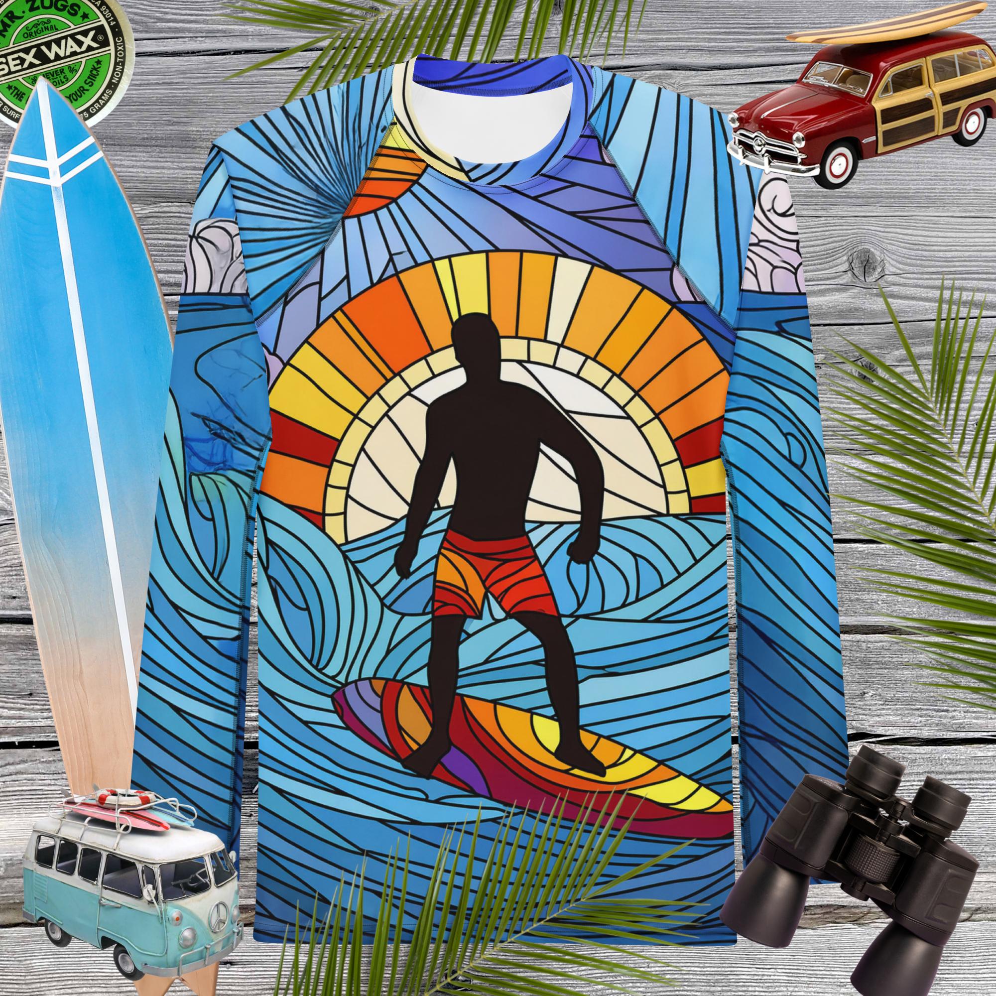 Stylish Men's UPF 50+ Rash Guard featuring Stained Glass Surfer design, perfect for beach and water activities.