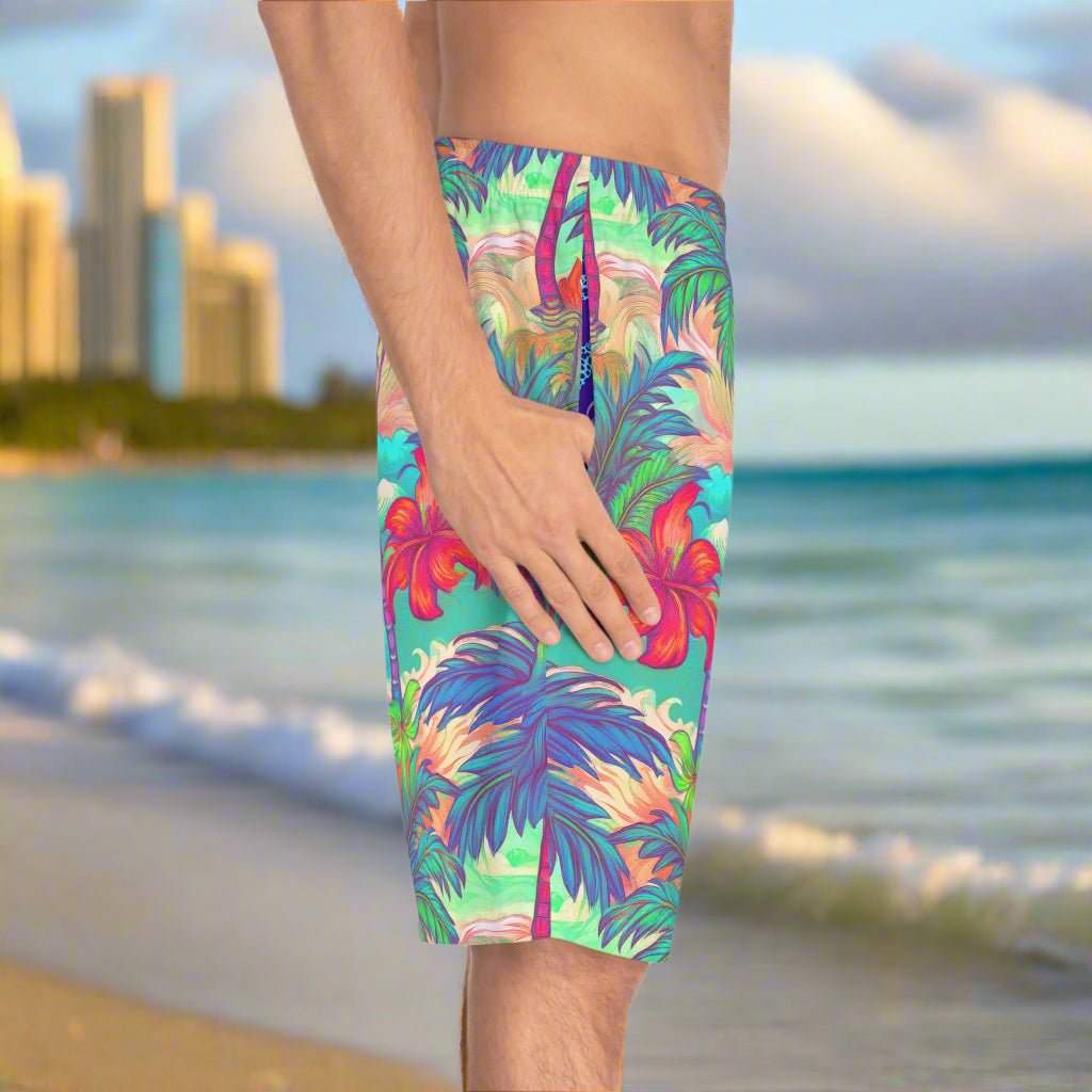 Side view of men's vintage style hawaiian shorts as worn by surfer on waikiki beach