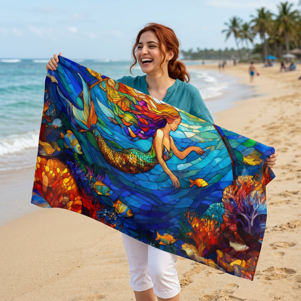 A woman on a sandy beach holds up a large beach towel featuring a colorful stained-glass style illustration of a mermaid swimming through blue water with coral and fish.