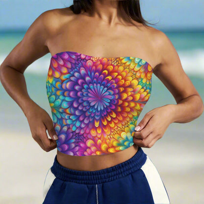 Beachwear Model wearing a colorful strapless top with a spiral tie dye pattern standing on a tropical island beach