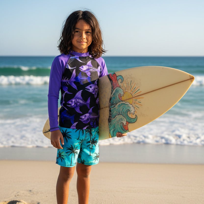 A long-sleeve raglan rash guard with solid purple sleeves and collar, featuring a black chest panel printed with a repeating pattern of purple and blue fish skeleton illustrations.