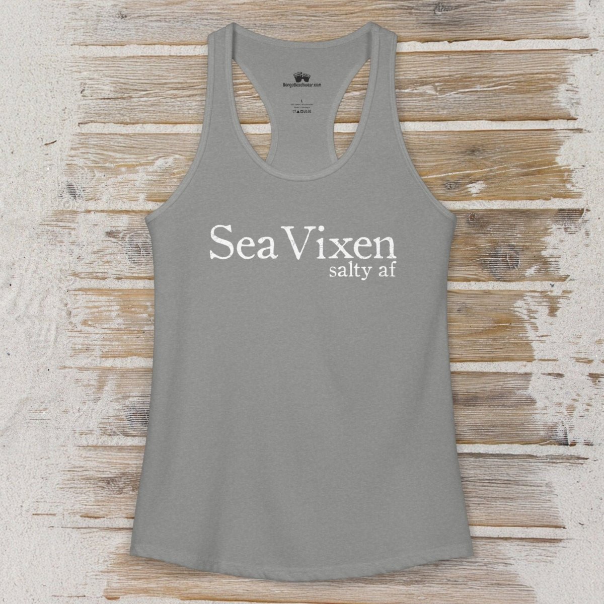 Gray tank top with 'Sea Vixen salty af' text on a wooden surface