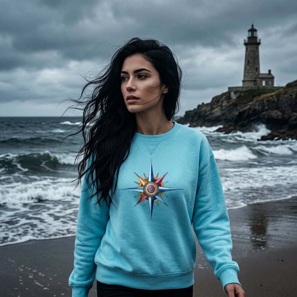 woman wearing a turquoise crewneck sweatshirt featuring a colorful compass rose graphic on the chest, displayed flat against a light gray wood plank background.
