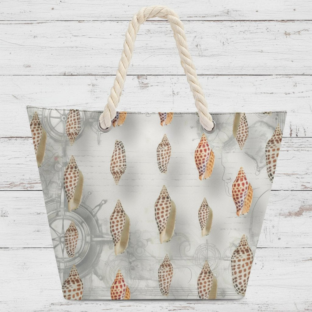 Tote bag with shell pattern and rope handle on a rustic wood background