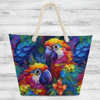 Colorful parrot design tote bag with a rope handle on a white background