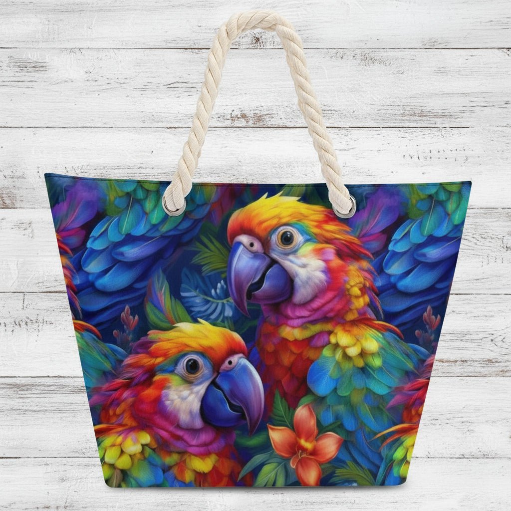 Colorful parrot design tote bag with a rope handle on a white background