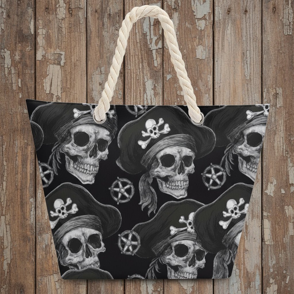 Beach bag with pirate skull design and rope handle on a rustic nautical wood background