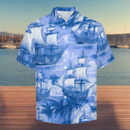 Blue Hawaiian shirt with ship and palm tree pattern on a nautical marina  background