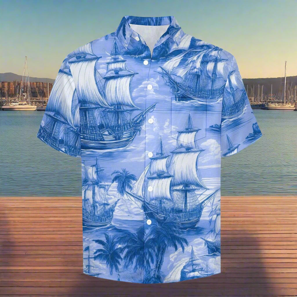 Blue Hawaiian shirt with ship and palm tree pattern on a nautical marina  background