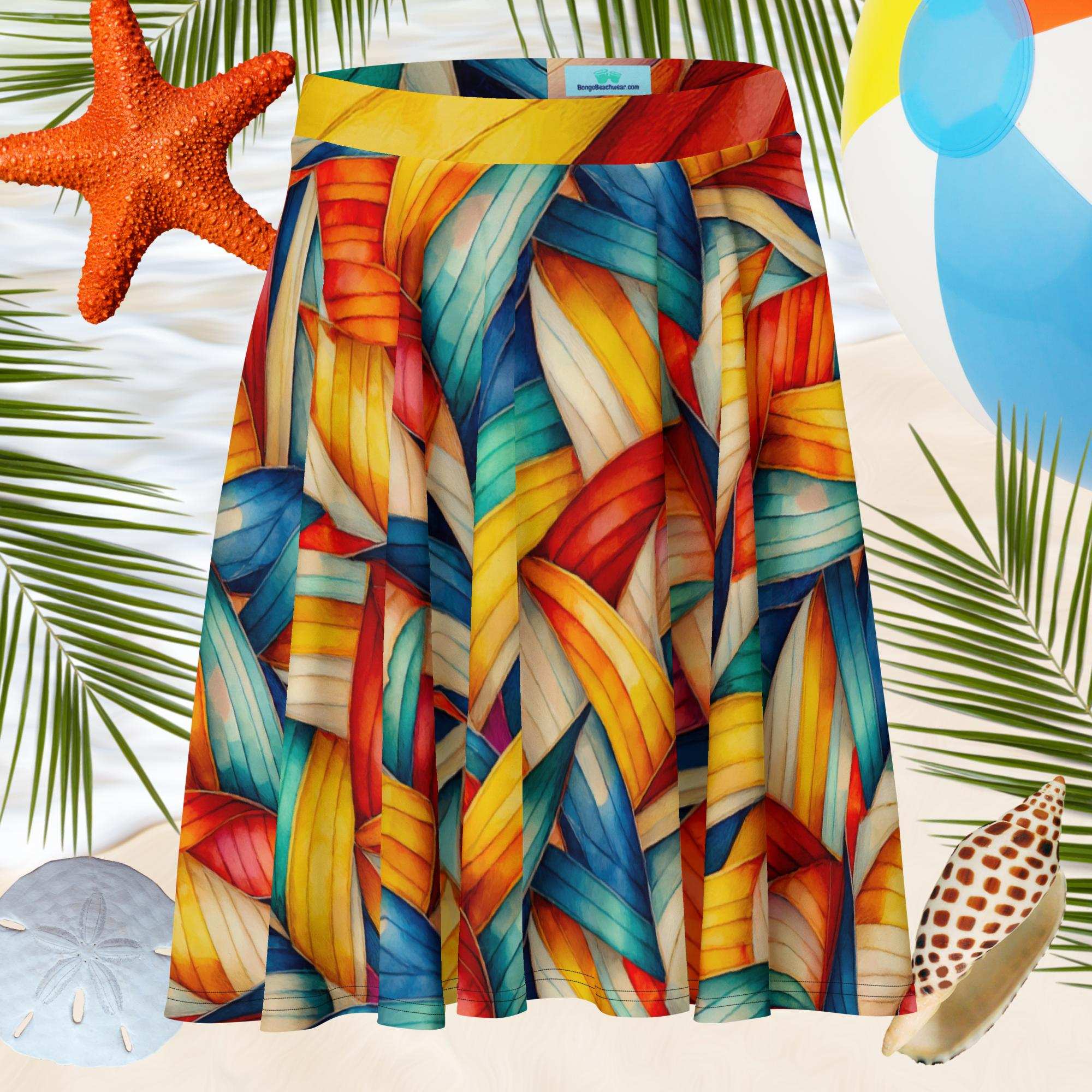 Circle surf skirt with pattern inspired by nautical signal flags hovering over a beach and surrounded by by seashells, a starfish and beach ball