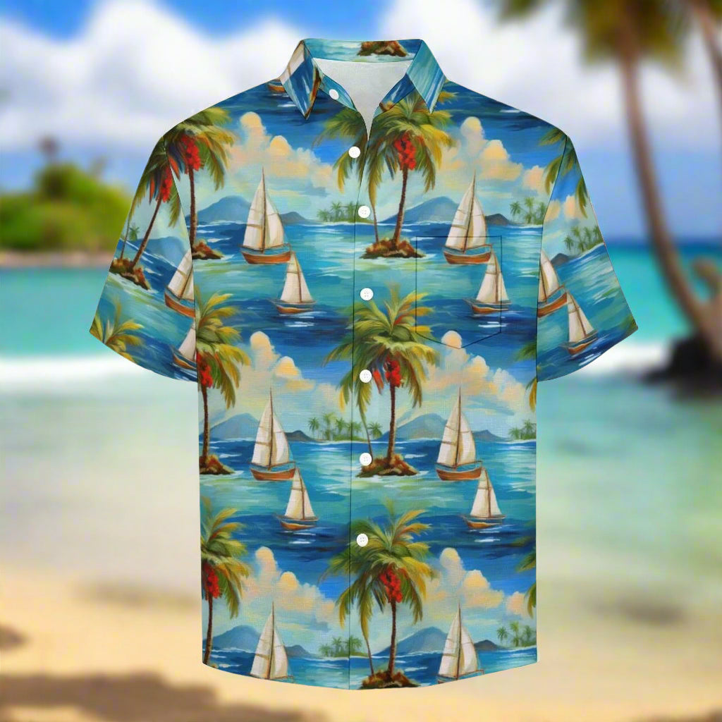 Hawaiian shirt with tropical island design featuring palm trees and sailboats on a Maui Beach background.