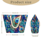 Peacock feather-patterned bag with measurements on a white background