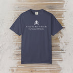A navy blue short-sleeve t-shirt with a white skull and crossbones graphic and the text 'In Case You Want To Scare Me I'm Terrified Of Boobies' printed on the chest, displayed flat on a rustic light wood background.