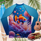 Rash guard with clownfish design on a beach-themed background with surfboard, ukulele, and vintage model car.