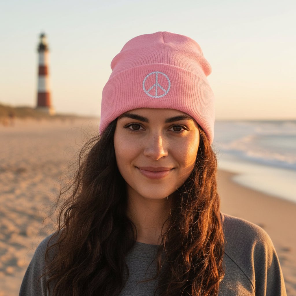 A light pink knit beanie hat with a folded cuff, featuring a white embroidered peace sign on the front.