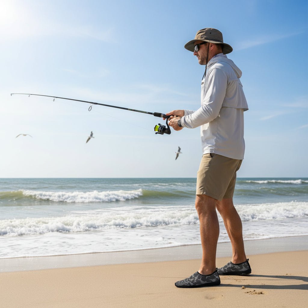 man wearing cool shark pattern water shoes getting ready to do a little surf fishing on new smyrna beach 