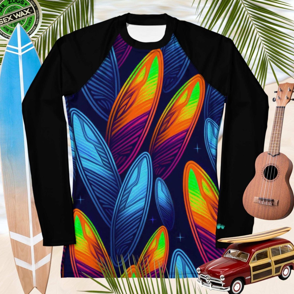 Instructor Rashie Designs Night Surfing Rashie | Surfboard Pattern | For Women – Bongo Beachwear