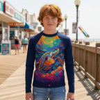 A young man with red hair stands on a wooden boardwalk in Ocean City Maryland, wearing a navy blue long-sleeve rashie with a vibrant, multicolored graphic of a sea turtle and ocean waves on the front, paired with light blue jeans.