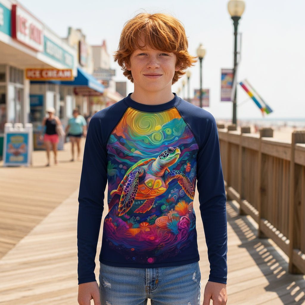 A young man with red hair stands on a wooden boardwalk in Ocean City Maryland, wearing a navy blue long-sleeve rashie with a vibrant, multicolored graphic of a sea turtle and ocean waves on the front, paired with light blue jeans.
