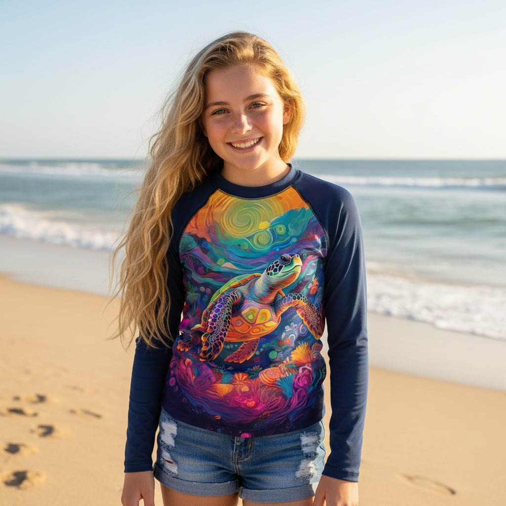 Teen Girl standing on Ocean City Beach in a long-sleeve raglan crewneck rashie with dark navy sleeves, featuring a vibrant, multicolor sea turtle underwater print.