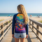 Back of tween female with long blond hair, wearing rash guard and blue jean shorts standing on ocean city beach boardwalk in Maryland