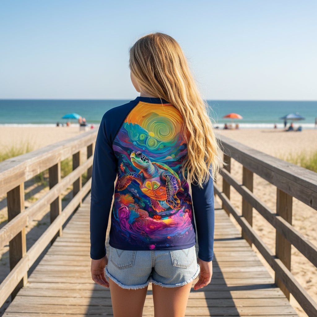 Back of tween female with long blond hair, wearing rash guard and blue jean shorts standing on ocean city beach boardwalk in Maryland