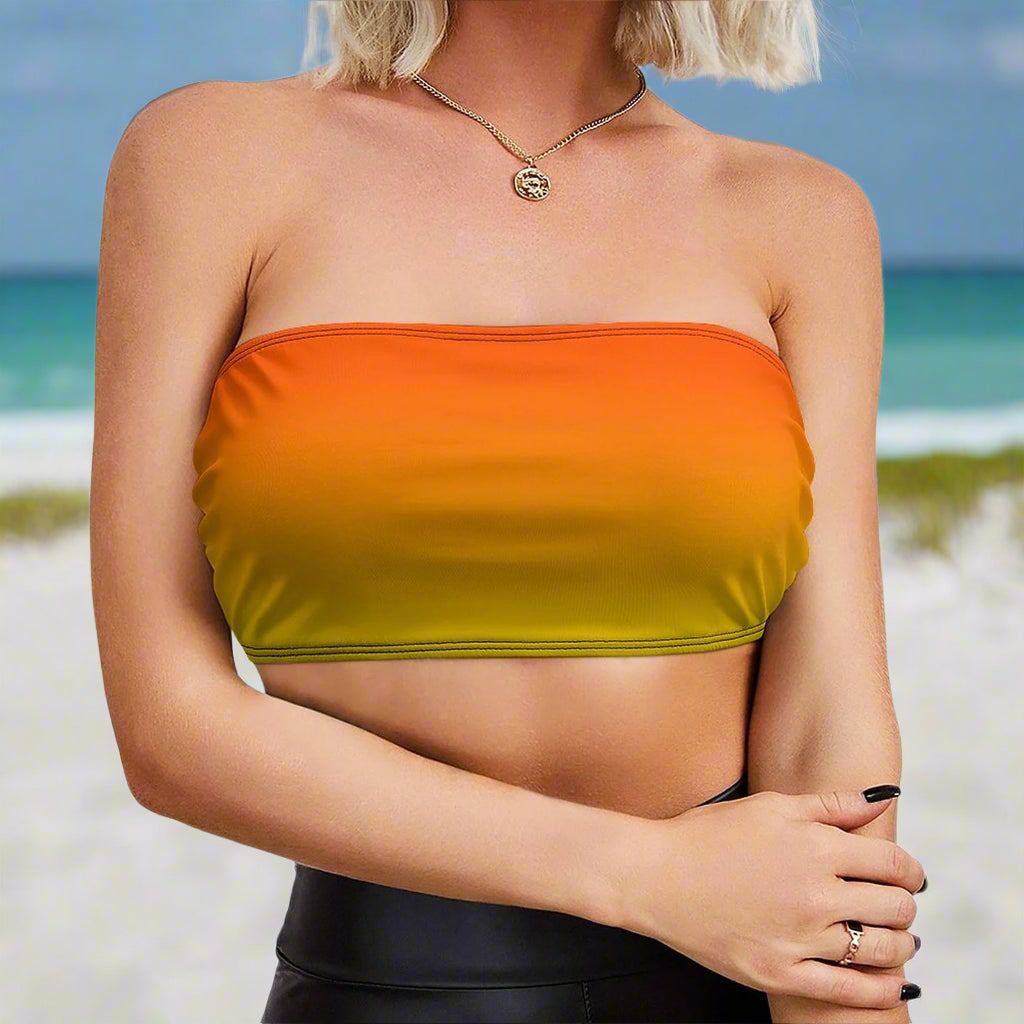 Woman wearing an orange gradient bandeau top on Miami's South Beach