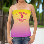 Jimmy Buffett Fan wearing a sexy ombre strapless top with 'St. Somewhere' and 'Caribbean Islands' text standing outside a tiki bar somewhere in the Caribbean
